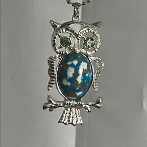 Hand Crafted Silver Owl Necklace with Blue and Gold Accents